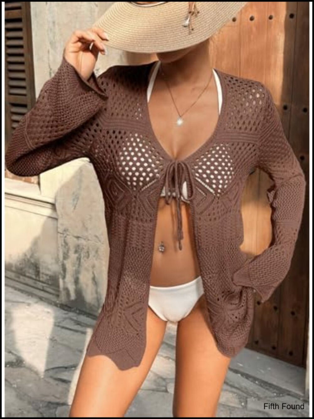 Crochet Cardigan Long Sleeve Tie Front Hollow Out Knit Summer Beach Coverup - Picture 4 of 6